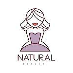 Natural Beauty Salon Hand Drawn Cartoon Outlined Sign Design Template With Blond Girl With Short Hair In Violet Dress. Artistic Promotion Logo For Cosmetology Services And Beautifying Procedures.