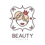 Natural Beauty Salon Hand Drawn Cartoon Outlined Sign Design Template With Woman Head In Crown In Floral Frame. Artistic Promotion Logo For Cosmetology Services And Beautifying Procedures.