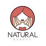 Natural Beauty Salon Hand Drawn Cartoon Outlined Sign Design Template With Portrait Of Woman Behind Red Curtain In Round Frame. Artistic Promotion Logo For Cosmetology Services And Beautifying Procedures.