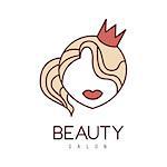 Natural Beauty Salon Hand Drawn Cartoon Outlined Sign Design Template With Portrait Of Princess In Crown. Artistic Promotion Logo For Cosmetology Services And Beautifying Procedures.