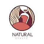 Natural Beauty Salon Hand Drawn Cartoon Outlined Sign Design Template With Woman In Red Dress Outfit Details In Round Frame. Artistic Promotion Logo For Cosmetology Services And Beautifying Procedures.