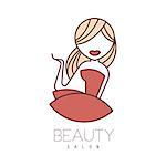 Natural Beauty Salon Hand Drawn Cartoon Outlined Sign Design Template With Blond Girl In Red Dress. Artistic Promotion Logo For Cosmetology Services And Beautifying Procedures.