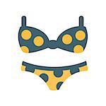 Bikini Female Swimsuit In Blue And Yellow With Polka-Dotted Pattern, Part Of Summer Beach Vacation Series Of Illustrations. Seaside Holidays Related Infographic Icon In Primitive Vector Carton Style.