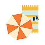 Set Of Blanket , Umbrella And Flip-Flops On The Sand, Part Of Summer Beach Vacation Series Of Illustrations. Seaside Holidays Related Infographic Icon In Primitive Vector Carton Style.