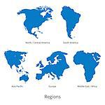 Detailed vector map of North - Central America, Asia Pacific, Europe, South America, Middle and East Africa, Regions on white