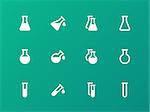 Erlenmeyer flasks flask tube icons on green background. Vector illustration.