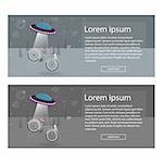 UFO alien and a Bicycle. Beautiful set of colorful flat vector banners on the theme mountain biking, bike store, routes for cycling. Bright flyer. Trendy style for graphic design, logo, Web site, social media, user interface, mobile app.