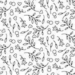 Black line floral 8 March seamless vector pattern. Plant leaves, tulips and hearts feminine background.