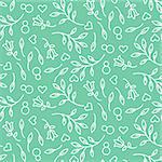 Eight March womens day seamless vector pattern. Plant leaves and hearts feminine green mint background.