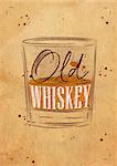 Poster glass of whiskey lettering old whiskey drawing on craft background