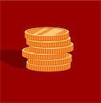 Six gold coins. Red background