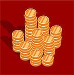 stack of gold coins. Red background