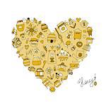 Honey apiary icons, heart shape. Sketch for your design. Vector illustration