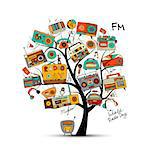 Vintage radio tree, sketch for your design. Vector illustration