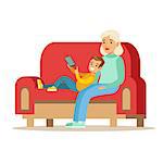 Grandmother And Boy Reading Electronic Book, Part Of Grandparents Having Fun With Grandchildren Series. Different Generations Of Family Enjoying Time Together Vector Cartoon Illustration.