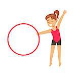 Little Girl Doing Gymnastics Exercise With Hula-Hoop Apparatus In Class, Future Sports Professional. Small Happy Kid And Adorable Stage Performance Vector Illustration.