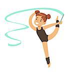 Little Girl Doing Gymnastics Exercise In Class With Ribbon Apparatus , Future Sports Professional. Small Happy Kid And Adorable Stage Performance Vector Illustration.