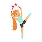 Little Girl Doing Gymnastics Exercise With Clubs Apparatus In Class, Future Sports Professional. Small Happy Kid And Adorable Stage Performance Vector Illustration.