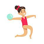 Little Girl Doing Rhythmic Gymnastics Exercise With Ball In Class, Future Sports Professional. Small Happy Kid And Adorable Stage Performance Vector Illustration.