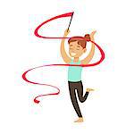 Little Girl Doing Rhythmic Gymnastics Exercise With Ribbon In Class, Future Sports Professional. Small Happy Kid And Adorable Stage Performance Vector Illustration.