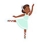 Little Girl In Blue Dress Dancing Ballet In Classic Dance Class, Future Professional Ballerina Dancer. Small Happy Kid And Adorable Stage Performance Vector Illustration.