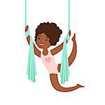 Little Girl In Pink Leotard Doing Air Acrobatics Exercise In Class, Future Sports Professional. Small Happy Kid And Adorable Stage Performance Vector Illustration.