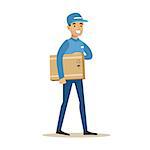 Delivery Service Worker Holding A Box Under Armpit, Smiling Courier Delivering Packages Illustration. Vector Cartoon Male Character In Uniform Carrying Packed Objects With A Smile.