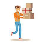 Delivery Service Worker Hurrying With Pile Of Boxes, Smiling Courier Delivering Packages Illustration. Vector Cartoon Male Character In Uniform Carrying Packed Objects With A Smile.