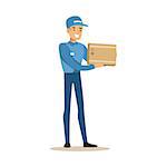 Delivery Service Worker Holding Small Fragile Box, Smiling Courier Delivering Packages Illustration. Vector Cartoon Male Character In Uniform Carrying Packed Objects With A Smile.