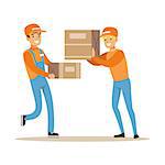 Delivery Service Workers Helping Each Other With Boxes, Smiling Courier Delivering Packages Illustration. Vector Cartoon Male Character In Uniform Carrying Packed Objects With A Smile.