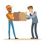 Delivery Service Worker Bringing Box To Office Worker, Smiling Courier Delivering Packages Illustration. Vector Cartoon Male Character In Uniform Carrying Packed Objects With A Smile.