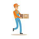 Delivery Service Worker Running Holding Carton Box, Smiling Courier Delivering Packages Illustration. Vector Cartoon Male Character In Uniform Carrying Packed Objects With A Smile.