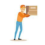 Delivery Service Worker Holding Big Box On The Shoulder, Smiling Courier Delivering Packages Illustration. Vector Cartoon Male Character In Uniform Carrying Packed Objects With A Smile.