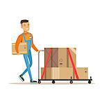 Delivery Service Worker Pushing Loaded Cart, Smiling Courier Delivering Packages Illustration. Vector Cartoon Male Character In Uniform Carrying Packed Objects With A Smile.