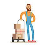 Beardy Delivery Service Worker With Loaded Cart, Smiling Courier Delivering Packages Illustration. Vector Cartoon Male Character In Uniform Carrying Packed Objects With A Smile.