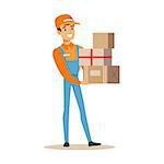 Delivery Service Worker In Dungarees Holding Pile Of Boxes, Smiling Courier Delivering Packages Illustration. Vector Cartoon Male Character In Uniform Carrying Packed Objects With A Smile.