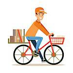 Delivery Service Worker Delivering Boxes With Bycicle, Smiling Courier Delivering Packages Illustration. Vector Cartoon Male Character In Uniform Carrying Packed Objects With A Smile.