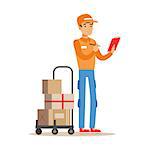 Delivery Service Worker Crossing Out Address From Check List, Smiling Courier Delivering Packages Illustration. Vector Cartoon Male Character In Uniform Carrying Packed Objects With A Smile.