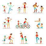 Parent And Child Doing Sportive Exercises And Sport Training Together Having Fun Set Of Scenes. Cartoon Characters Enjoying Physical Activity With Kids Doing Similar Workout In Gym And Outdoors.