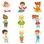 Young Children Dressed In Cute Kids Fashion Clothes, Series Of Illustrations With Kids And Style. Small Boys And Girls Stylishly Dressed Set Of Adorable Cartoon Characters.