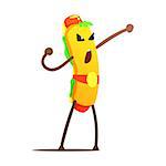 Hot Dog In Champion Belt Street Fighter, Fast Food Bad Guy Cartoon Character Fighting Illustration. Junk Food Menu Item With Evil Face Looking For A Fight Vector Drawing.