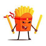 Pack Of Fries With Two Sticks Karate Fighter, Fast Food Bad Guy Cartoon Character Fighting Illustration. Junk Food Menu Item With Evil Face Looking For A Fight Vector Drawing.