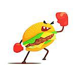 Burger Sandwich Box Fighter In Gloves, Fast Food Bad Guy Cartoon Character Fighting Illustration. Junk Food Menu Item With Evil Face Looking For A Fight Vector Drawing.