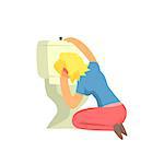 Girl Vomiting In Toilet Nauseous, Adult Person Feeling Unwell, Sick, Suffering From Illness Of Medical Treatment.