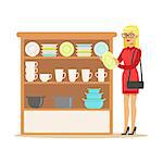 Woman Choosing Tableware, Smiling Shopper In Furniture Shop Shopping For House Decor Elements. Cartoon Character Looking For Home Interior Design Items In Shopping Mall.