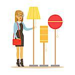 Woman Choosing A Living Room Lamp, Smiling Shopper In Furniture Shop Shopping For House Decor Elements. Cartoon Character Looking For Home Interior Design Items In Shopping Mall.