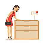 Woman Buying A Wooden Dresser, Smiling Shopper In Furniture Shop Shopping For House Decor Elements. Cartoon Character Looking For Home Interior Design Items In Shopping Mall.