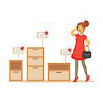 Woman Choosing A Night Stand With Drawer, Smiling Shopper In Furniture Shop Shopping For House Decor Elements. Cartoon Character Looking For Home Interior Design Items In Shopping Mall.