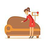 Woman Buying Classy Brown Sofa, Smiling Shopper In Furniture Shop Shopping For House Decor Elements. Cartoon Character Looking For Home Interior Design Items In Shopping Mall.