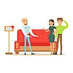 Store Seller Selling Red Sofa To Couple, Smiling Shopper In Furniture Shop Shopping For House Decor Elements. Cartoon Characters Looking For Home Interior Design Items In Shopping Mall.